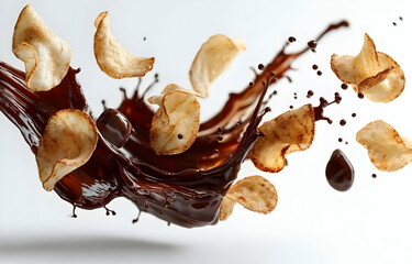 A dynamic splash of chocolate and crispy snacks creating a mouthwatering visual delight that's perfect for indulgence.