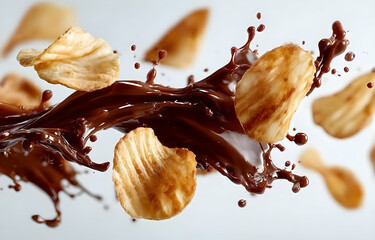 Delicious potato chips splashing in rich chocolate, creating a delightful splash. Perfect for snack lovers.