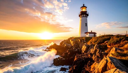 Fototapeta premium Lighthouse standing on rugged cliff at golden hour with ocean waves beneath