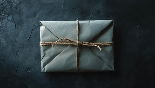 Gray wrapped gift on dark textured surface