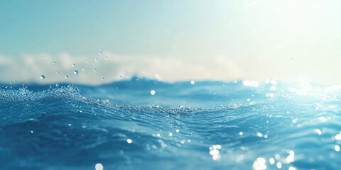Water background with blue water waves and bubbles on a light blue sky, an abstract water texture banner for web design or presentation of water near the surface.