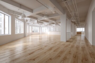 Open workspace featuring wooden floors, modern lighting, and a clean, minimalist layout.