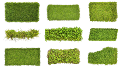 Set of green lawn grass patches arranged in rectangular and circular shapes isolated on white background
