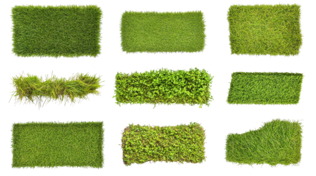 Set of green lawn grass patches arranged in rectangular and circular shapes isolated on white background
