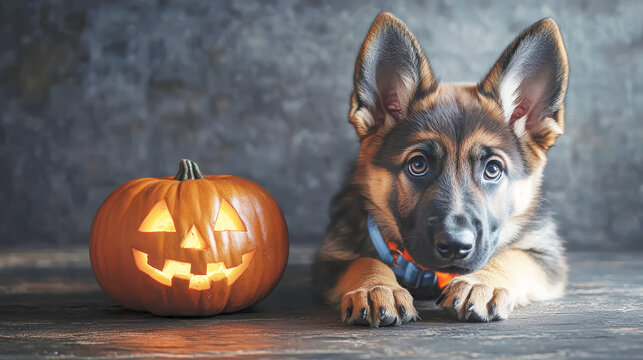 A German Shepherd puppy rests near a glowing jack olantern while sporting a cute collar