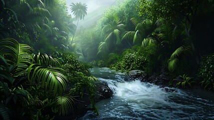 Fototapeta premium A wild jungle river flowing through rich wilderness scene