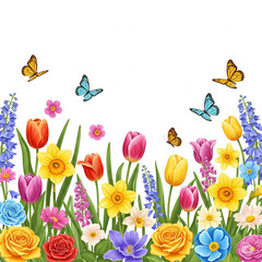 Colorful Spring Flowers and Butterflies