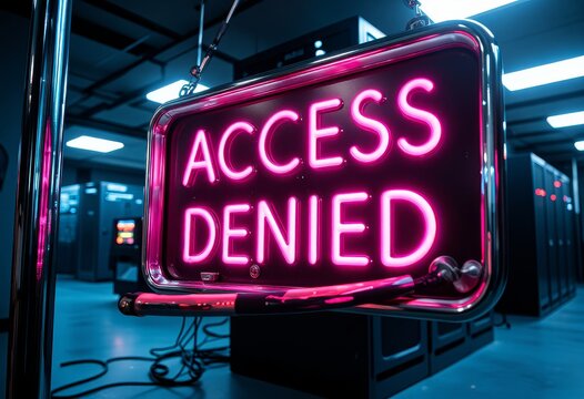 Cybersecurity Access Denied Neon Sign in Server Room Digital Security Concept