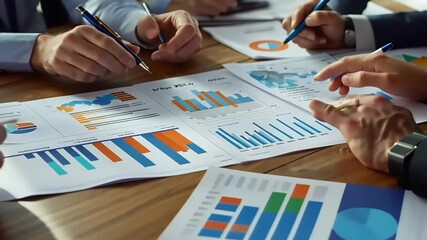 Business team analyzing financial reports and charts during a meeting at a wooden table - Powered by Adobe