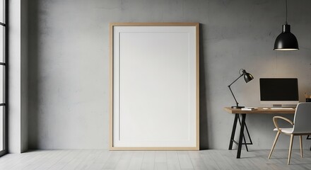 Modern minimalist workspace with a large blank canvas and wooden desk perfect for design inspiration and creative projects