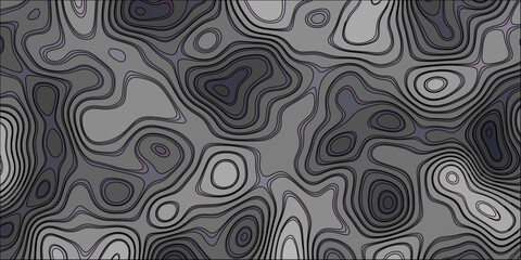 Fototapeta premium Abstract topographic map illustration featuring grayscale color palette with black contour lines depicting terrain elevation variations