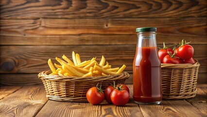 Crispy French Fries in a Rustic Basket with a Bottle of Tomato Sauce and Fresh Tomatoes on a Wooden Table