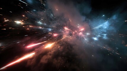 Cosmic Firestorm: A breathtaking vista of a nebula in turmoil, showcasing vibrant streaks of cosmic fire and swirling nebulous clouds in a dramatic display of celestial energy.