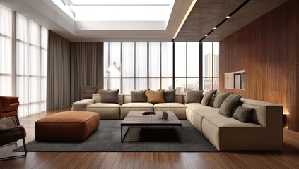 Spacious living room featuring a sectional sofa, wooden flooring, and soft lighting elements.