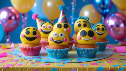 Obraz premium Adorable cupcakes topped with edible emoji faces like 😍 😋 😂 🎉 displayed on a party table with balloons and confetti