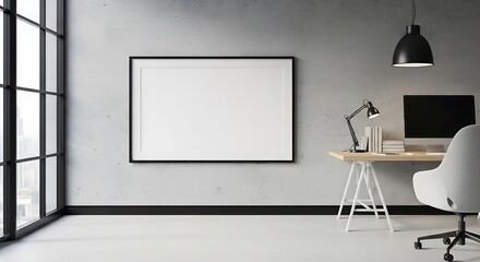 Modern minimalist home office workspace with large blank frame mockup perfect for design presentation showcasing sleek desk and chair