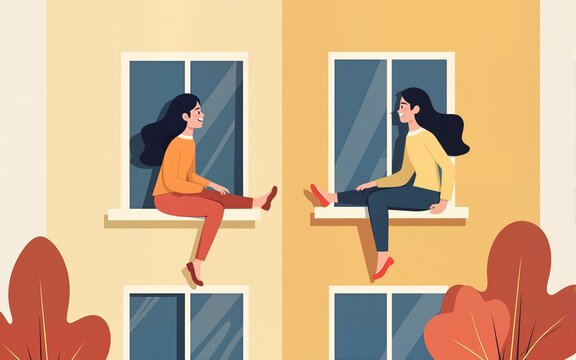 Neighbors in windows, neighborhood communication, fall in love, coliving, mutual help concept with friendly Men and women at their apartments chatting, relax, Cartoon linear flat vector illustration