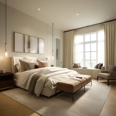 Inviting master bedroom with a large bed, neutral tones, and soft lighting for relaxation.