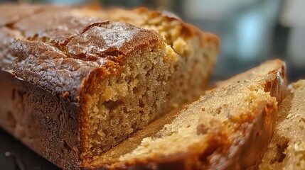 Close up shot of a loaf of banana bread with slices cut and ready to be served on a dark surface