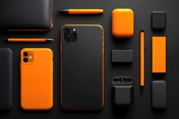 Flat lay of various electronic devices and accessories in black and orange.