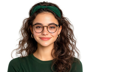 Obraz premium Stylish portrait of a woman with glasses and green shirt, captivating image of modern fashion