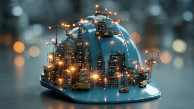 Cityscape Helmet: A concept image showcasing a construction helmet intricately adorned with a miniaturized city skyline, symbolizing urban development and infrastructure. 