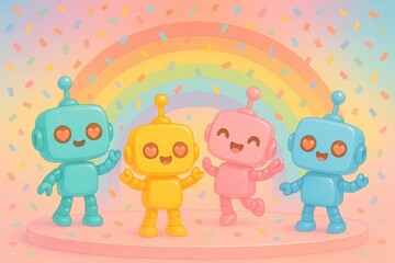 Obraz premium Adorable Robots With Heart Eyes Celebrate Amid Rainbow Confetti Lights 