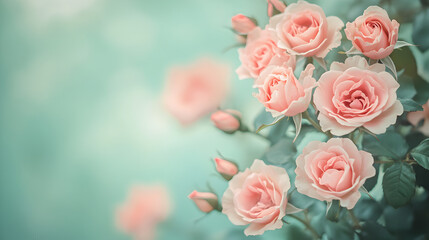 Romantic and delicate pink roses blossoming against a soft blurred turquoise background