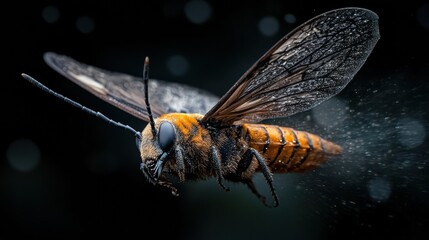 Captivating Close-Up of a Bee in Mid-Air with Glimmering Water Droplets and an Alien Bioluminescent Concept