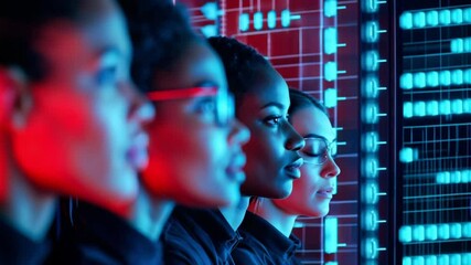 Four diverse professionals attentively observe a digital data display, highlighting focus, technology, and teamwork in a modern, high-tech environment. - Powered by Adobe