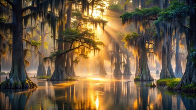 Golden Hour Enchantment Serene Sunrise Through Ancient Cypress Trees in Misty Swamp
