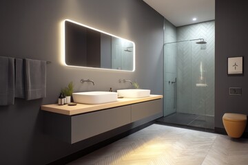 Contemporary bathroom with minimalist design, clean lines, and functional fixtures for simplicity.