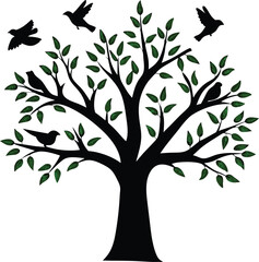 Obraz premium Tree with Birds and Green Leaves on White Background