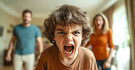 A child cries while parents argue in the background. The crying child highlights the emotional pain and turmoil caused by parental arguments. Generative AI.