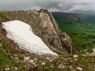 Snowball looming over a deep gorge