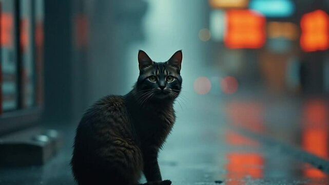A solitary black cat sits on a wet city street in rain