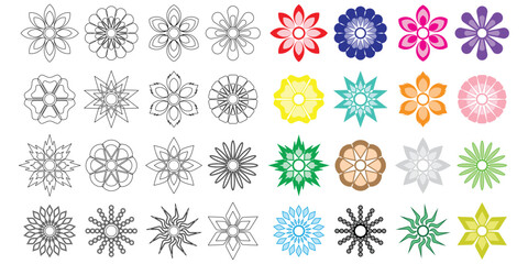 abstract flower vector with various colors and line art style on white background for design elements