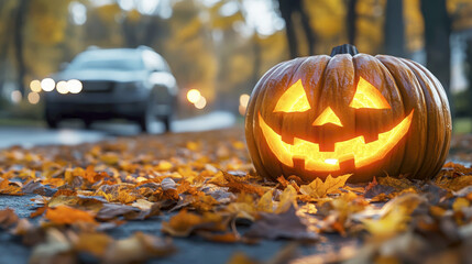 Glowing Jack olantern sits on fallen autumn leaves as car drives through park
