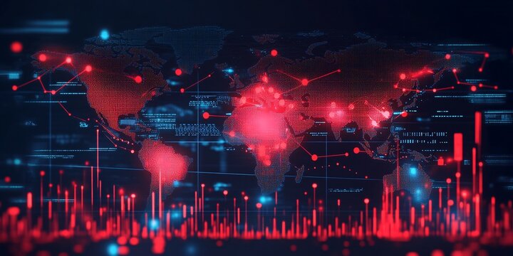 Abstract world map in red and blue tones with data overlay, representing global connectivity and technology.