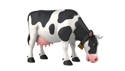 Cute 3D Cartoon Cow Grazing on Grass with Big Eyes and Colorful Design Isolated on White Background