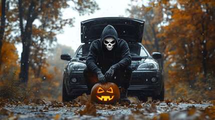 Grim figure in skeleton mask squats with jacko'lantern near black car hood is open
