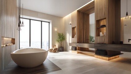 Spacious bathroom with a freestanding tub, wood accents, and gentle lighting to set a calm mood.