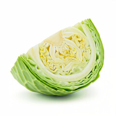 Fototapeta premium Cabbage slice reveals layered texture with green leaves and creamy interior on white backdrop