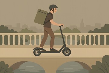 Urban Scooter Delivery Illustration: Modern Eco-Friendly Mobility Scene