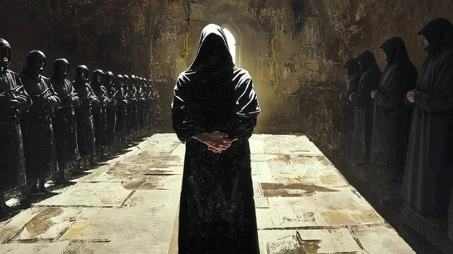 Dark Religious Gathering: Mysterious hooded figures unite in ancient chamber for a ceremony