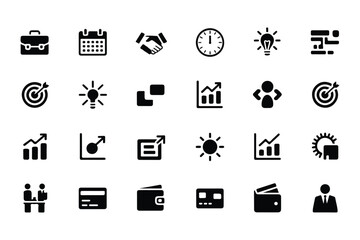 Business general glyph icon set. Vector pictograms of briefcase, handshake, calendar, clock, lightbulb, idea, target, graph, credit, card, wallet, black sign silhouette illustration