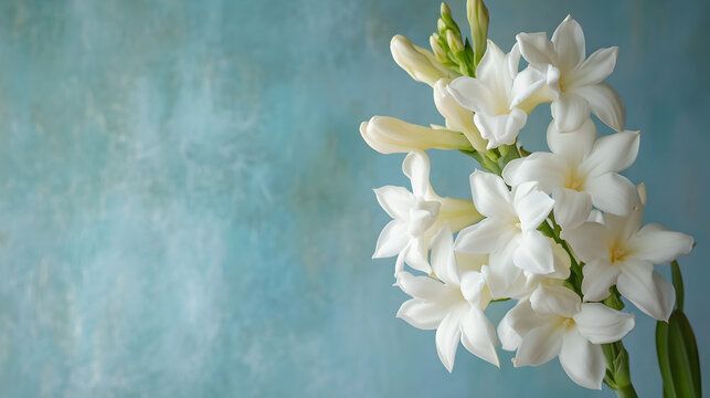 Beautiful white tuberose flowers displayed against a textured blue background for creative use