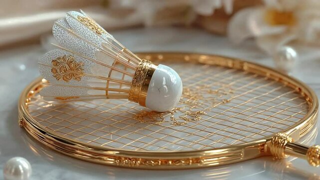 Elegant Golden Badminton Racket and Shuttlecock Still Life Composition with Floral Elements