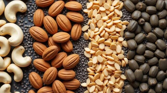 A vibrant tableau of nature s bounty, showcasing an artful arrangement of nuts, seeds, and dried fruits, each a testament to the nutritional power of wholesome foods, presented against a pristine