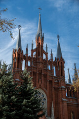 Stunning view of a historic red brick cathedral with elegant spires rising against a clear blue sky. Seen from a tree-lined street with lush greenery enhancing the serene atmosphere.